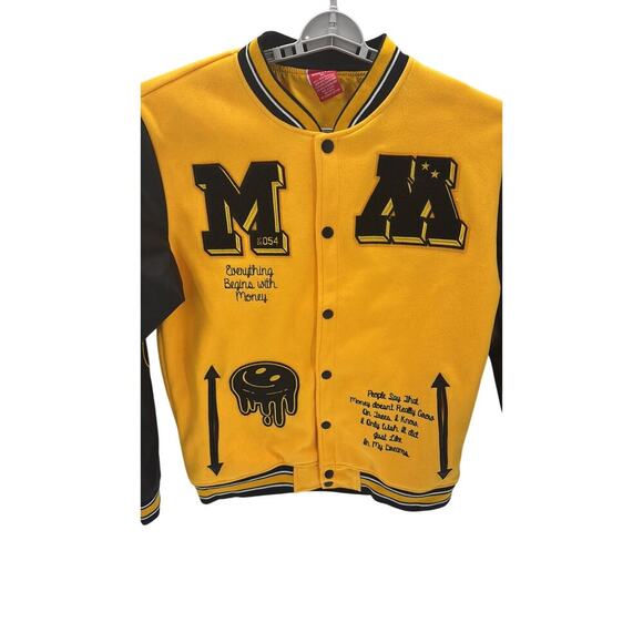Ring of Fire MONEY MAKER WOOLEN PATCHED VARSITY JACKET black yellow size xl - Picture 3 of 6